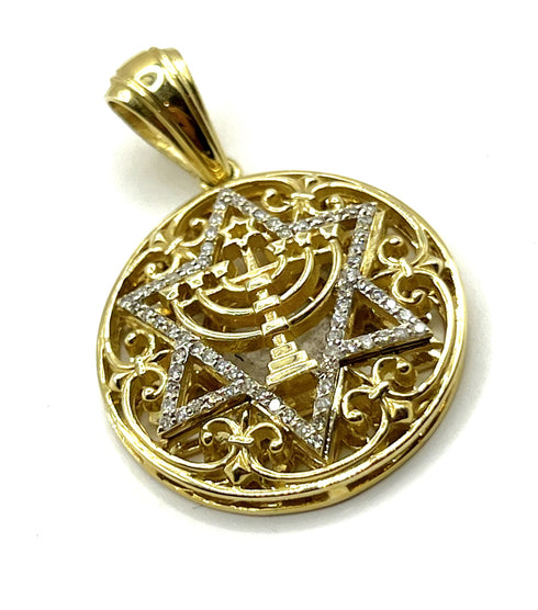 14K Gold & Diamond Star of David and Menorah Necklace